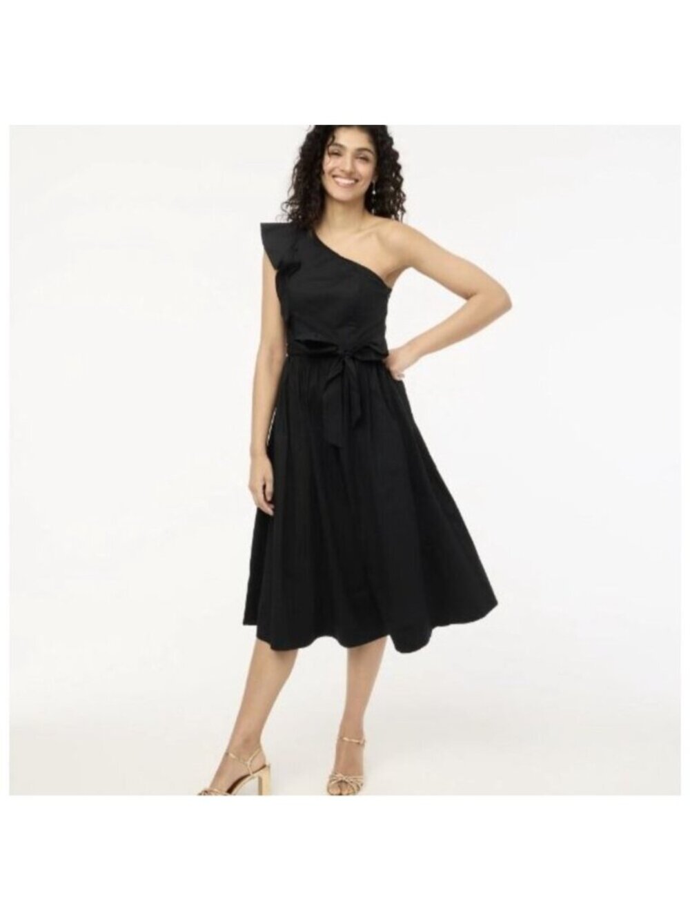 J. Crew Factory One Shoulder Ruffle Midi Dress Black Sz 8 PETITE